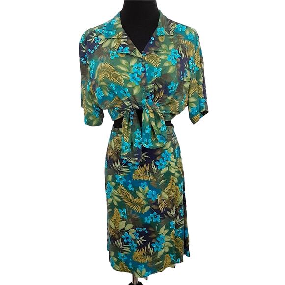 Vintage 80s Hawaiian Floral Two Piece Set High Rise Mini Skirt Button Crop Top L - Picture 1 of 14